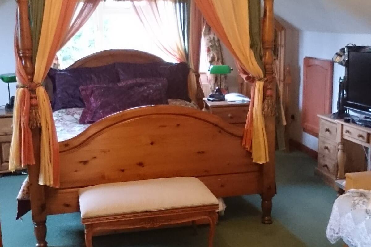 A bedroom with a four-poster bed, a ceiling fan, a television, and a desk with a lamp.
