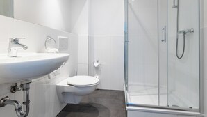 Douche, séchoir à cheveux, serviettes fournies, savon