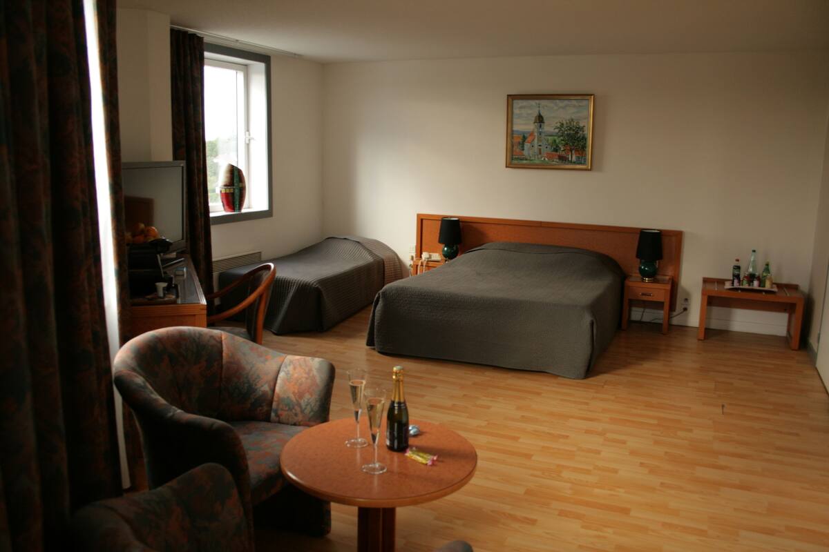 Une chambre d ’hôtel avec un lit, deux chaises, une petite table avec une bouteille et des verres, une télévision et un tableau au mur.