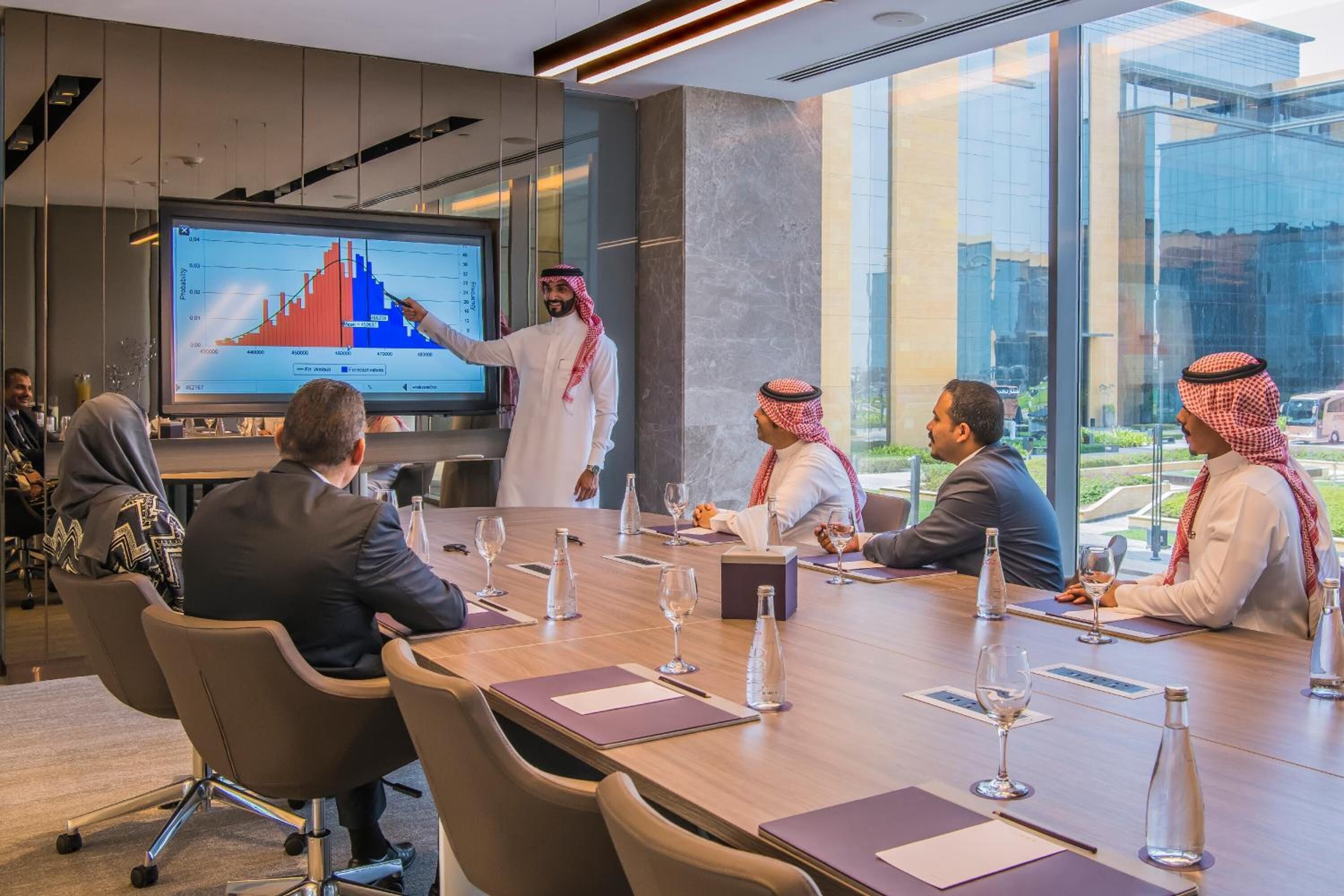 A conference room with a large screen displaying a financial chart, a modern interior, and a view of a building outside.