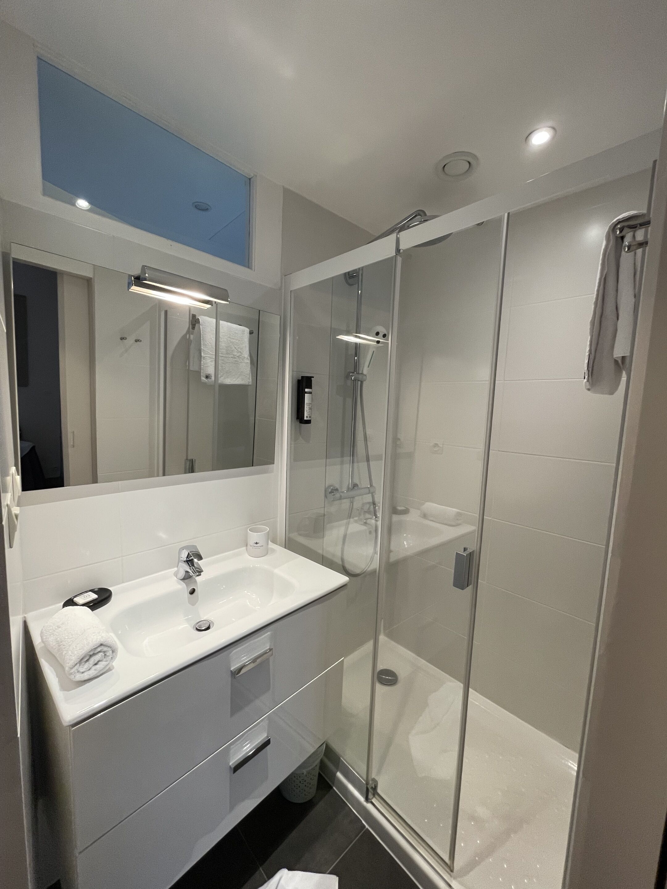 Un baño moderno con ducha envuelta en vidrio, un lavamanos blanco y un espejo grande.