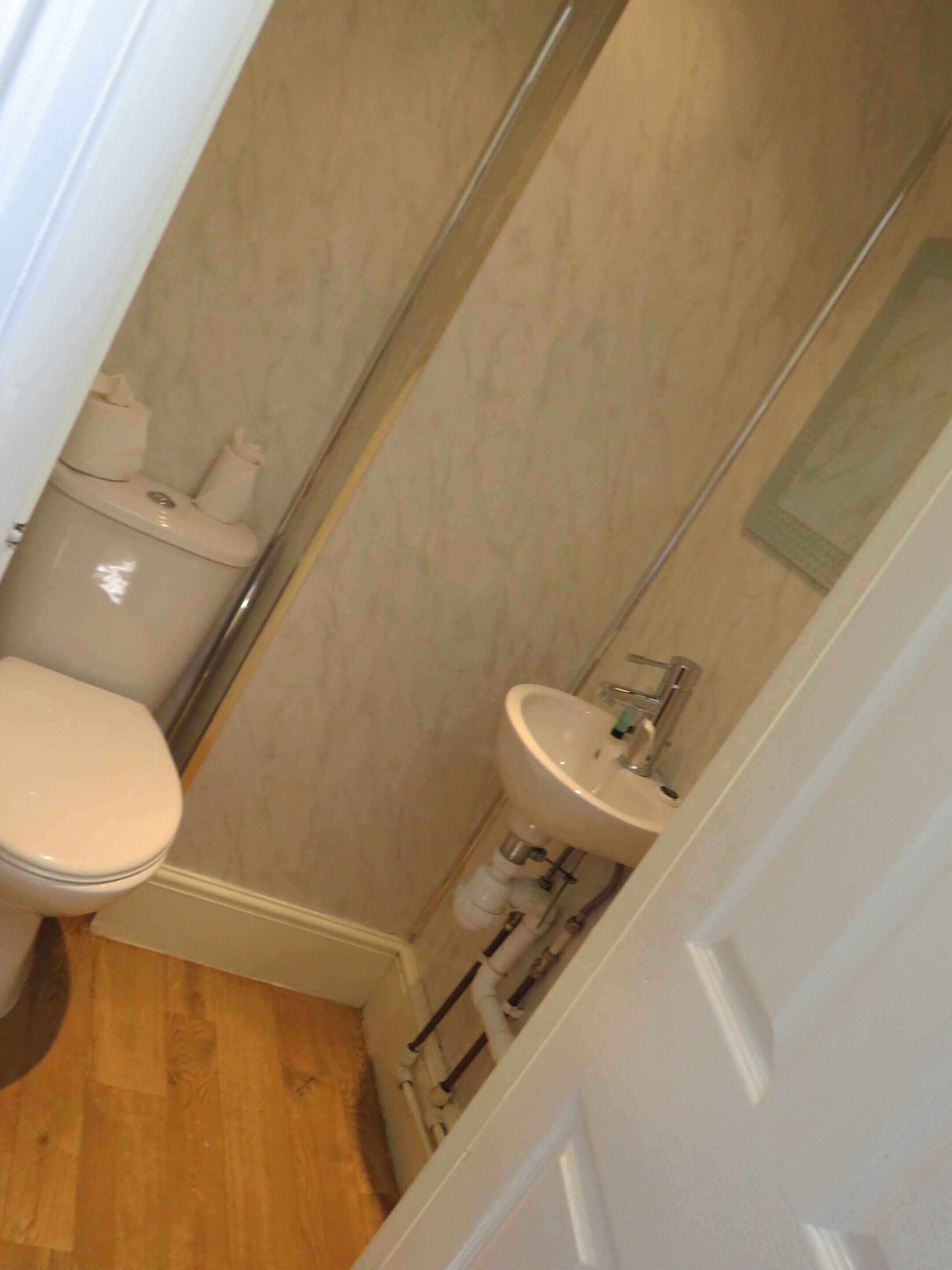 Een kleine badkamer met toilet, wastafel en spiegel.