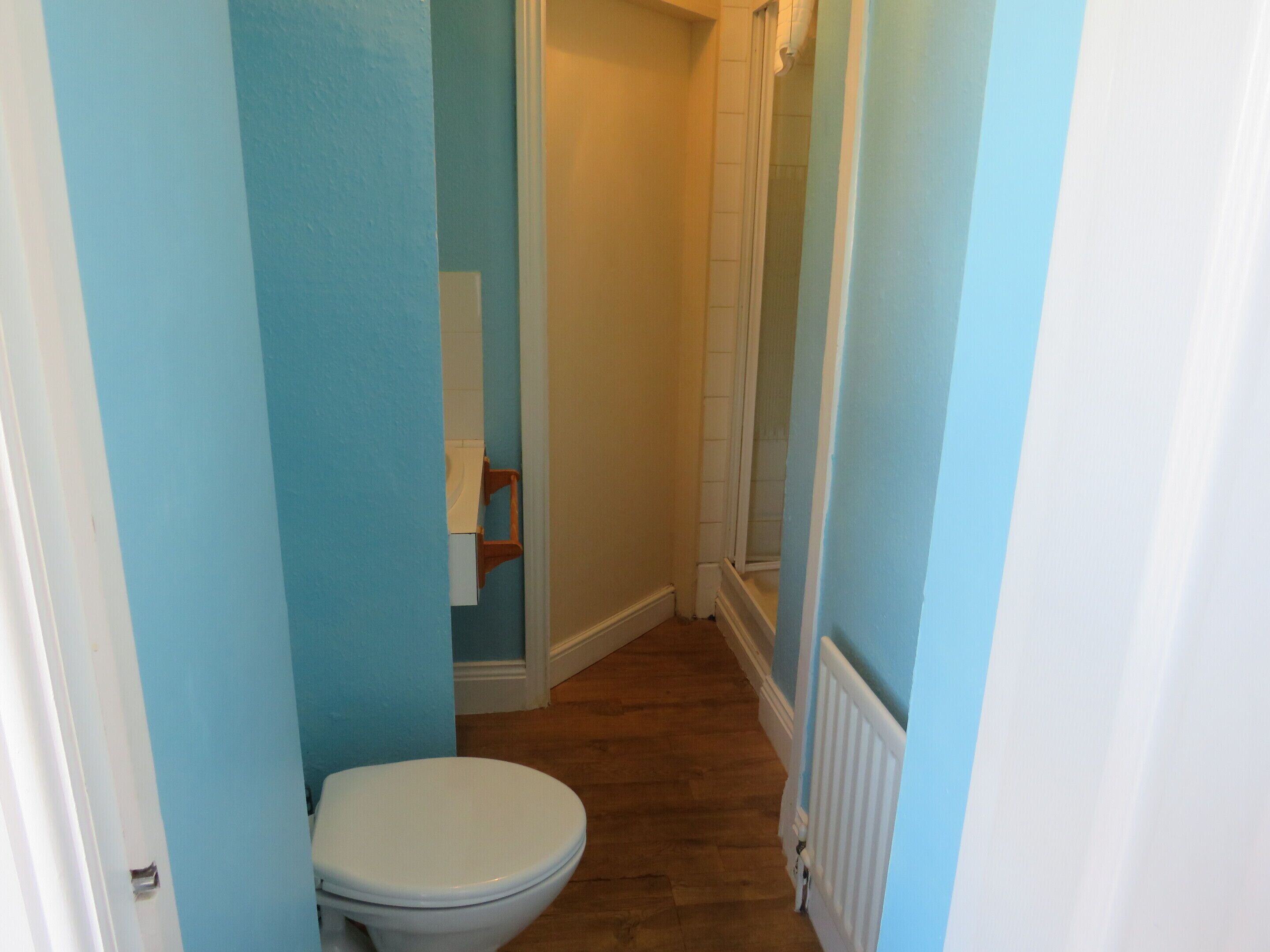 Ein schmaler Flur mit Toilette, Heizkörper und einer Tür zum Badezimmer.