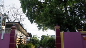 A gated entrance with a large tree in the foreground, a building with a traditional architectural style, and a clear sky. - Nan Htike Yadanar Hotel (Monywa)