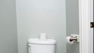 Um banheiro pequeno com vaso sanitário, lixeira e uma moldura na parede.