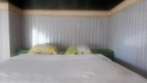 Ein Zimmer mit einem Bett, einem grünen Kissen und einem weißen Kissen.