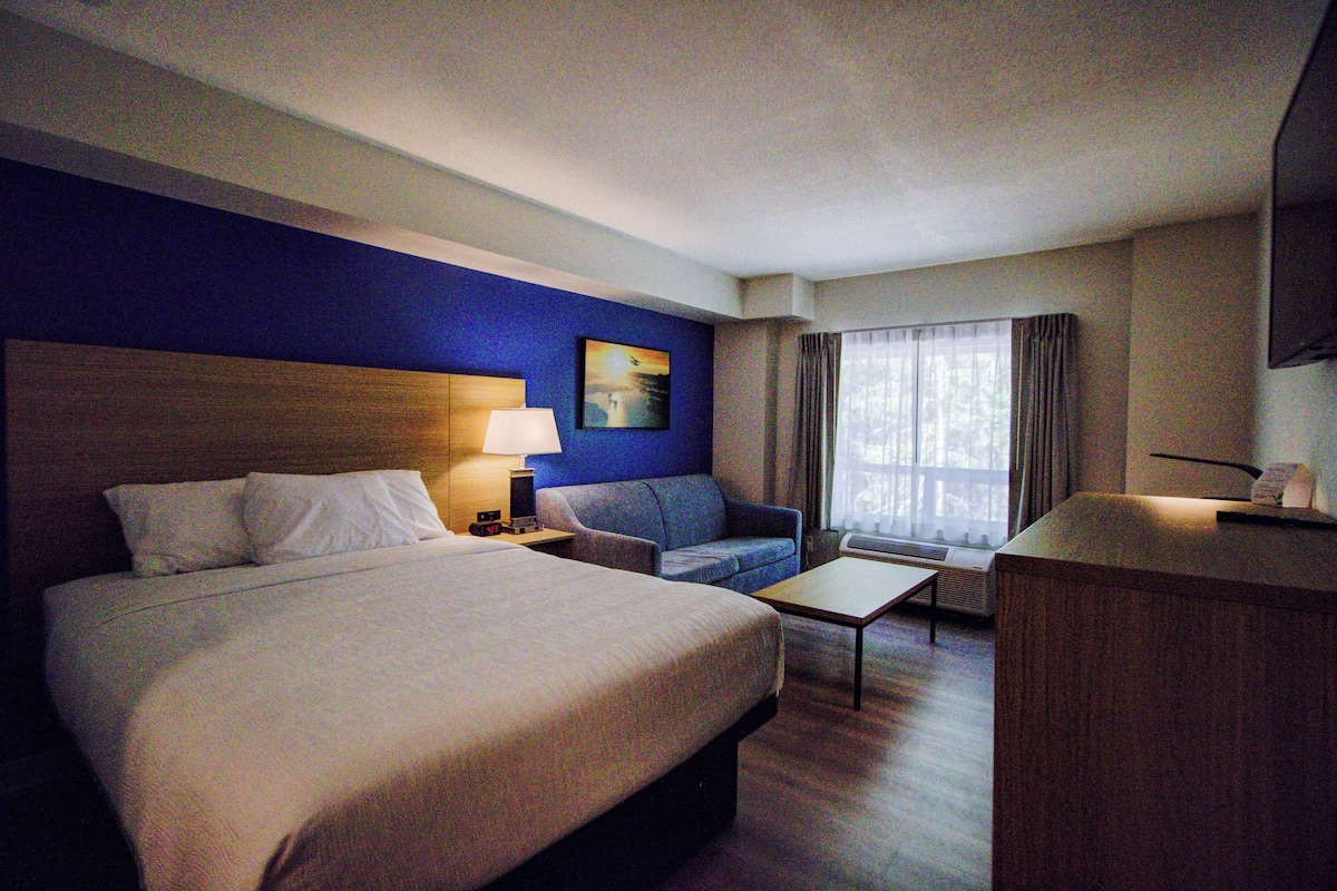 A hotel room with a large bed, a sofa, a desk, and a TV.