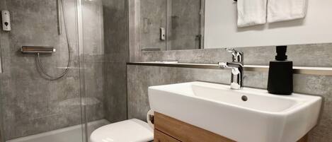 A modern bathroom with a glass shower enclosure, a white toilet, and a vanity with a sink and mirror.