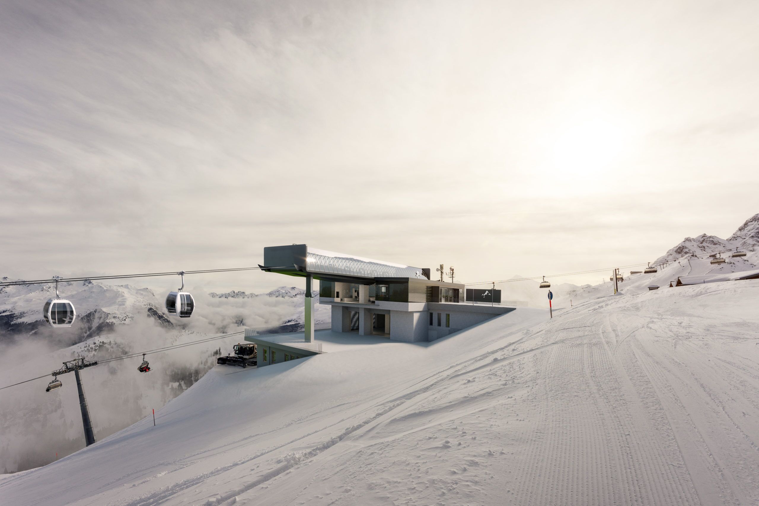 A modern ski resort with a chairlift, a snow-covered slope, and a building with a glass facade.