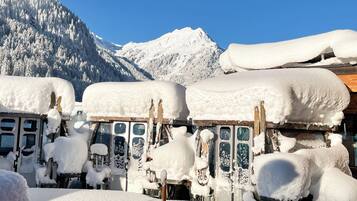 Una fila de autobuses cubiertos de nieve estacionados en una zona nevada, con montañas al fondo.