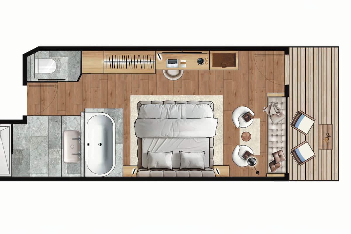 Distribución de una habitación de hotel con baño, una cama grande, zona de estar y kitchenette.