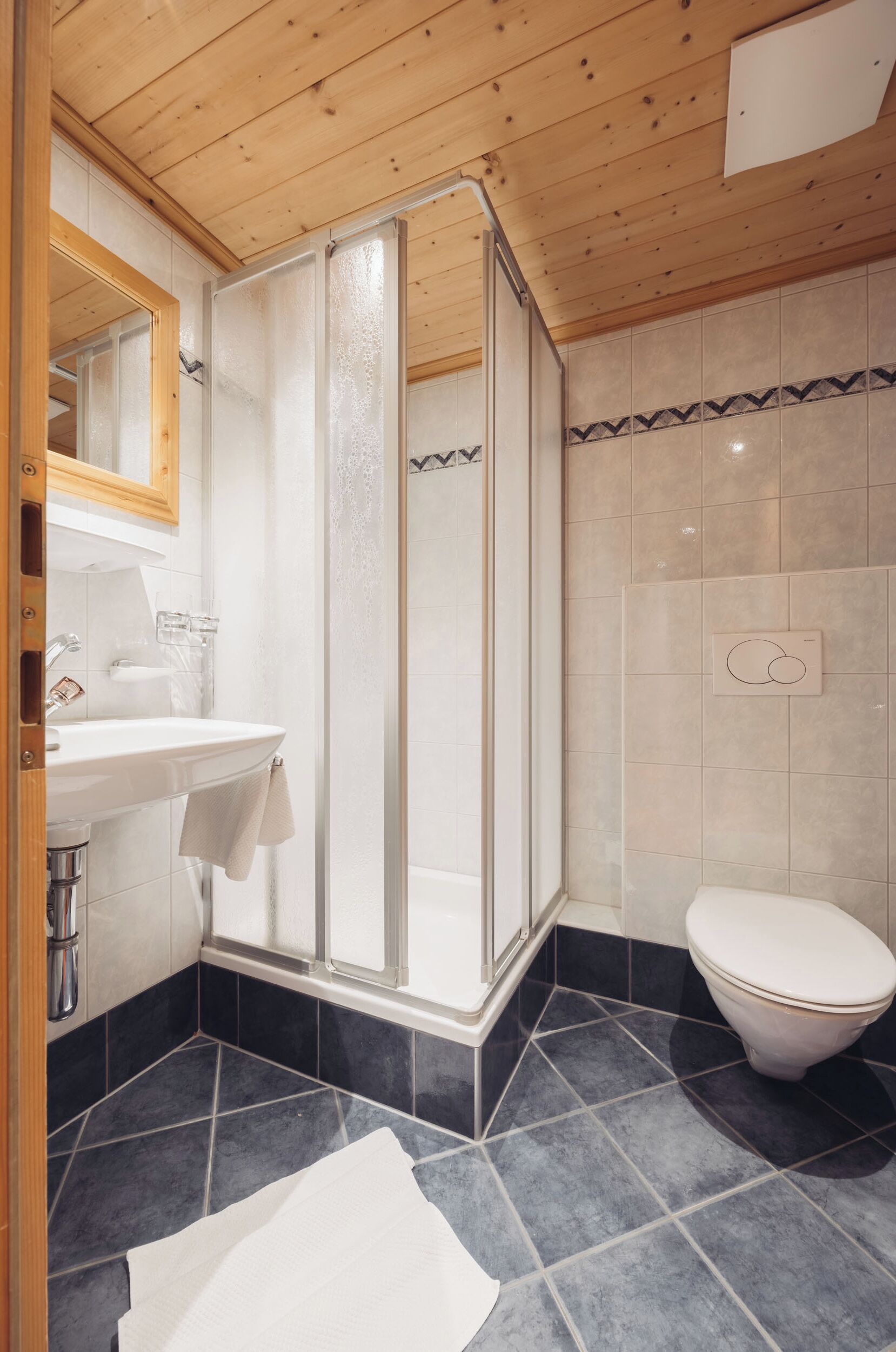 A bathroom with a glass shower enclosure, a sink with a mirror, and a toilet.