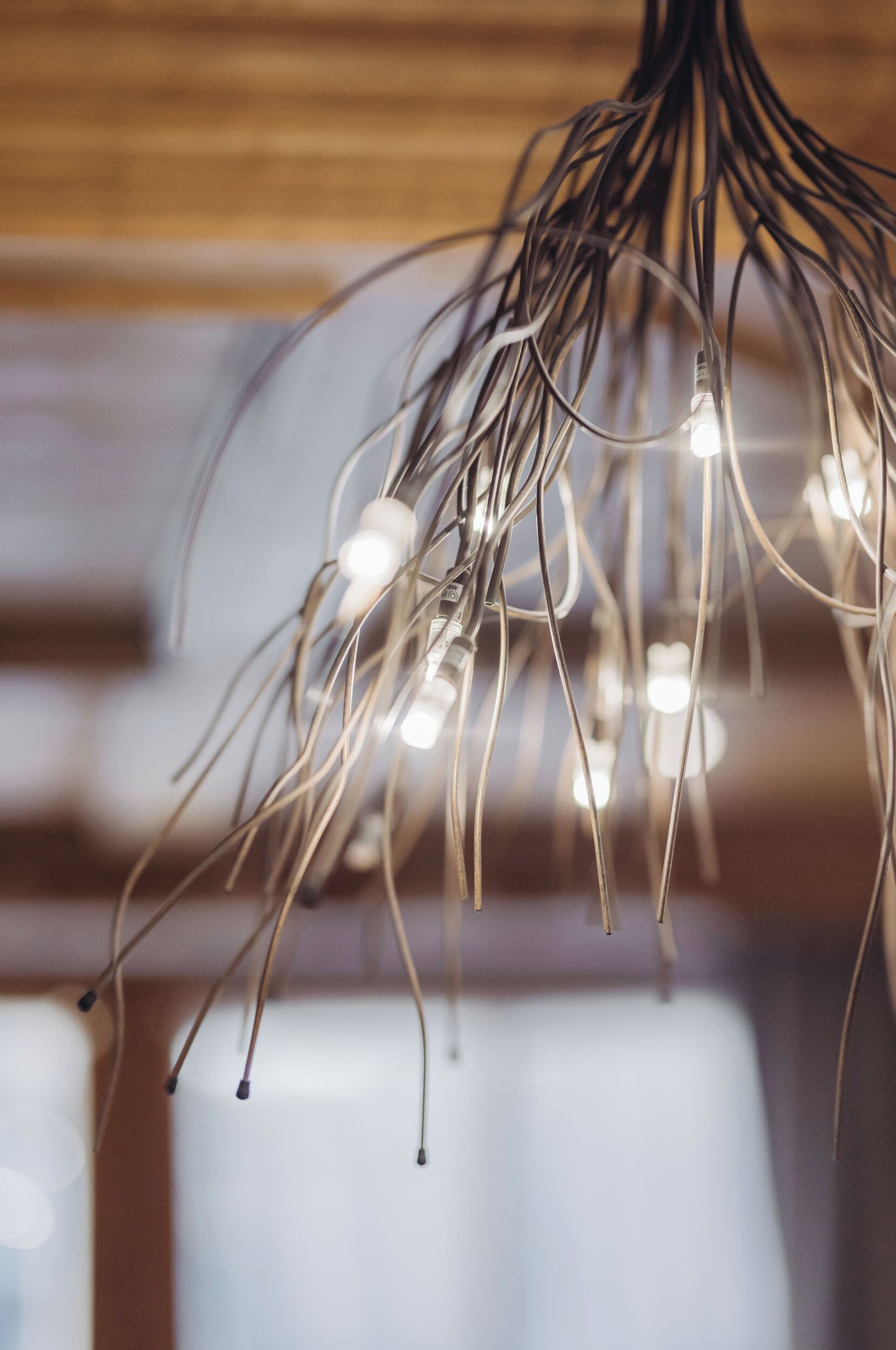 A chandelier with multiple light bulbs and thin, metallic wires.
