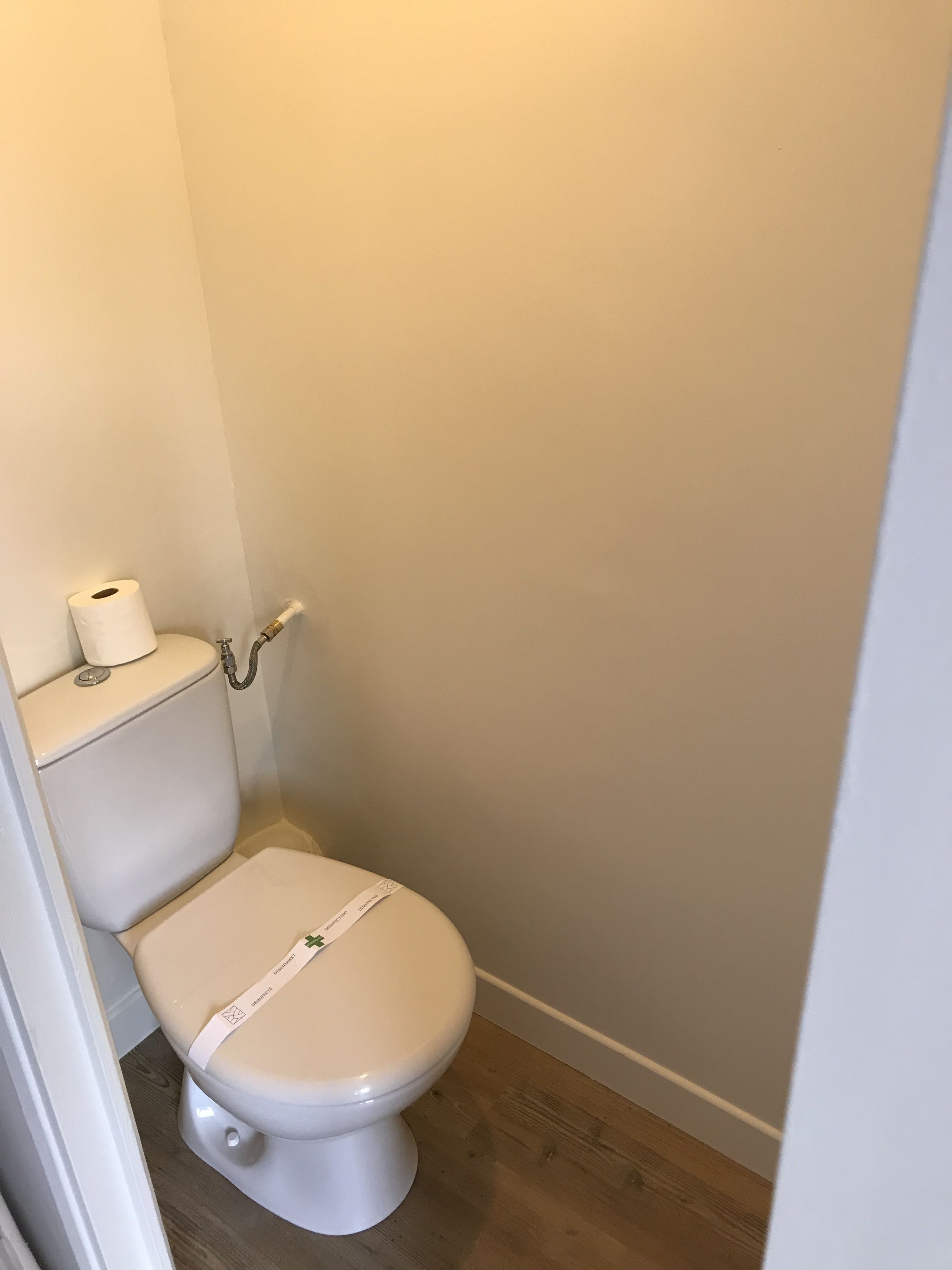 Un baño pequeño y limpio con inodoro, un rollo de papel higiénico y una tubería a la vista.