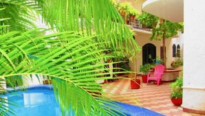 Una piscina con borde de azulejos, rodeada de plantas en macetas y una silla roja.