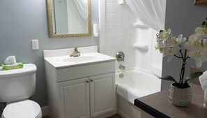 Combined shower/bathtub, hair dryer, towels, soap