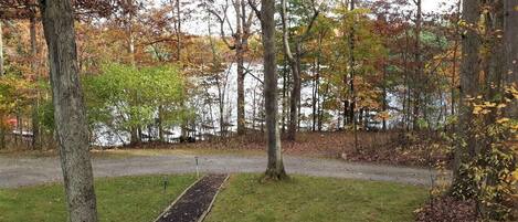 A park with a paved path, trees, and a grassy area.