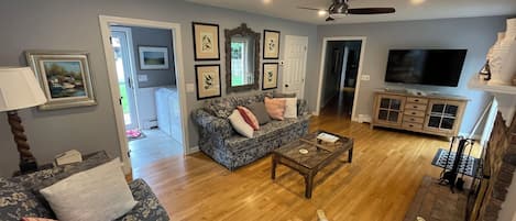 Smart TV, fireplace, DVD player, books