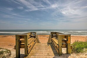 A wooden boardwalk leading to the beach with a sign indicating 'NC07'. - Ormond by the Sea heated Pool/Hot tub home (Ormond Beach)
