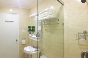 Dusche, Haartrockner, Handtücher, Toilettenpapier