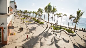 A paved promenade with palm trees, benches, and a view of the sea.