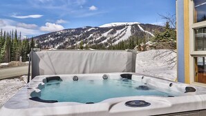 Un bain à remous avec vue sur les montagnes, entouré de neige et d’arbres.
