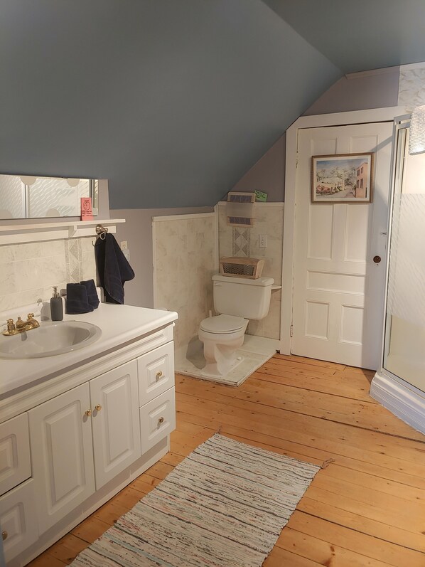A bathroom with a white vanity, a sink, and a toilet. - Casa Moana, Lovely old house overlooking St. Mary`s Bay, with free breakfast. (Plympton)