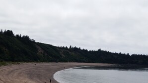 Une plage dont le rivage est incurvé, bordée d’une végétation luxuriante et entourée de collines.