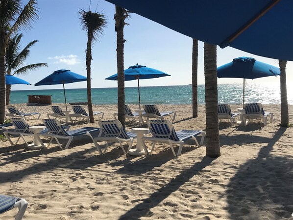 Relax on the beach with comfortable lounge chairs under shaded umbrellas.