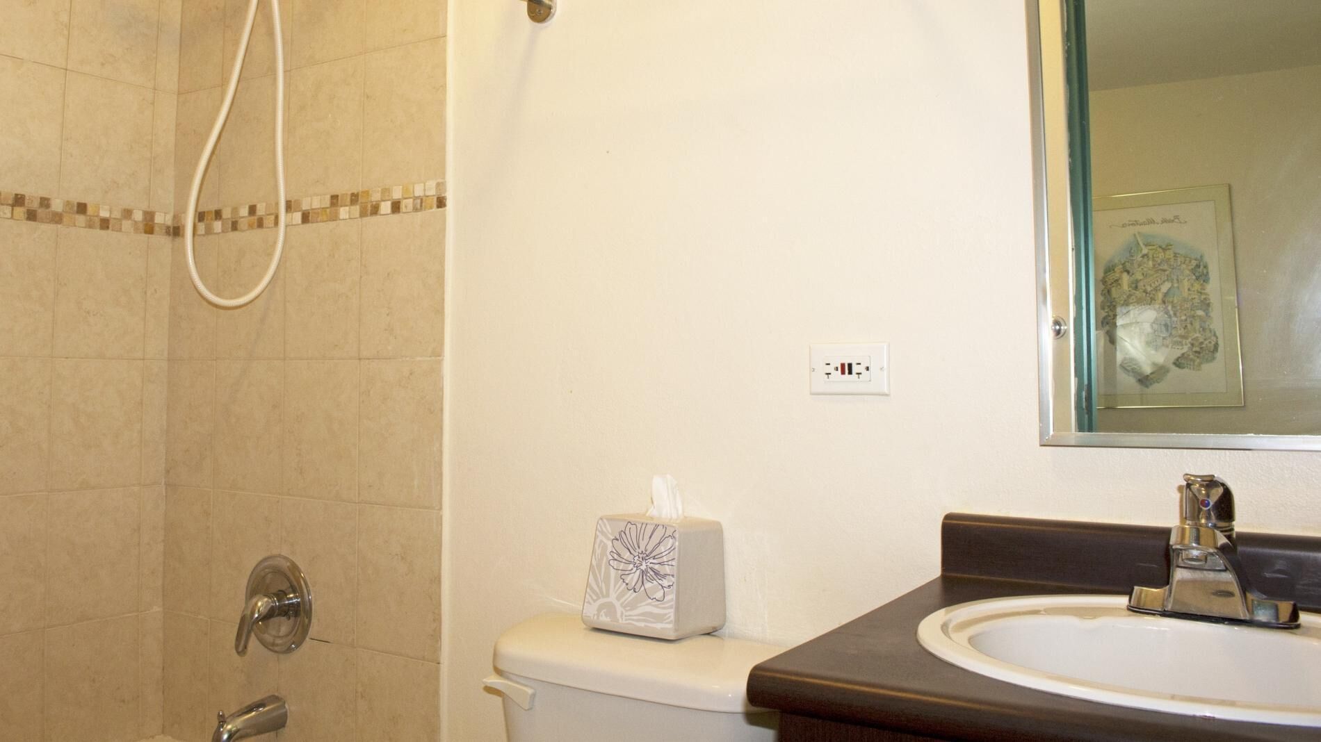 A bathroom with a shower, toilet, sink, and a framed picture on the wall.