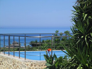 Una piscina con vista al océano, rodeada de vegetación y una barandilla metálica.