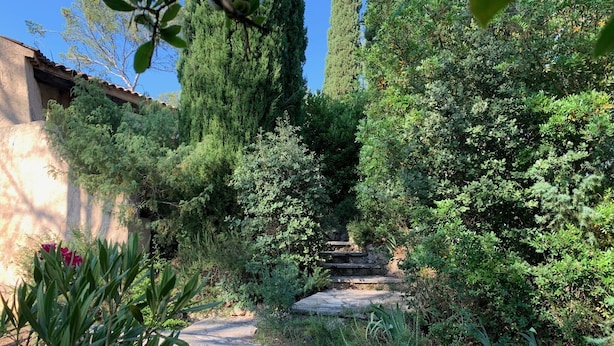 A stone pathway leading through a lush garden with various shrubs and trees. - Villa with a 12.5 metre swimming-pool, not far from the sea (Puget-sur-Argens)