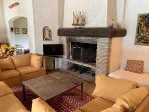 TV, fireplace, books - Rustic villa with a large swimming-pool, close to the sea (Puget-sur-Argens)