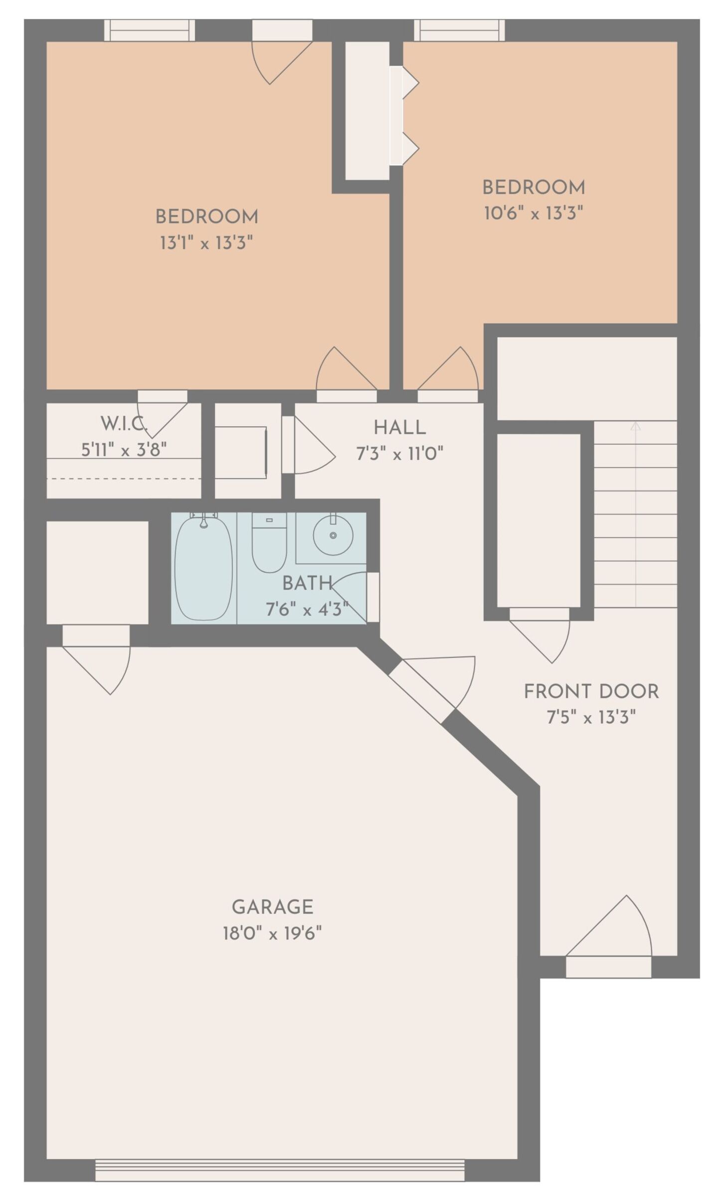 A floor plan with a bedroom measuring 10'6" x 13'3", a bathroom 7'6" x 4'3", a hall 7'3" x 11'0", a garage 18'0" x 19'6", and a front door 7'5" x 13'3".