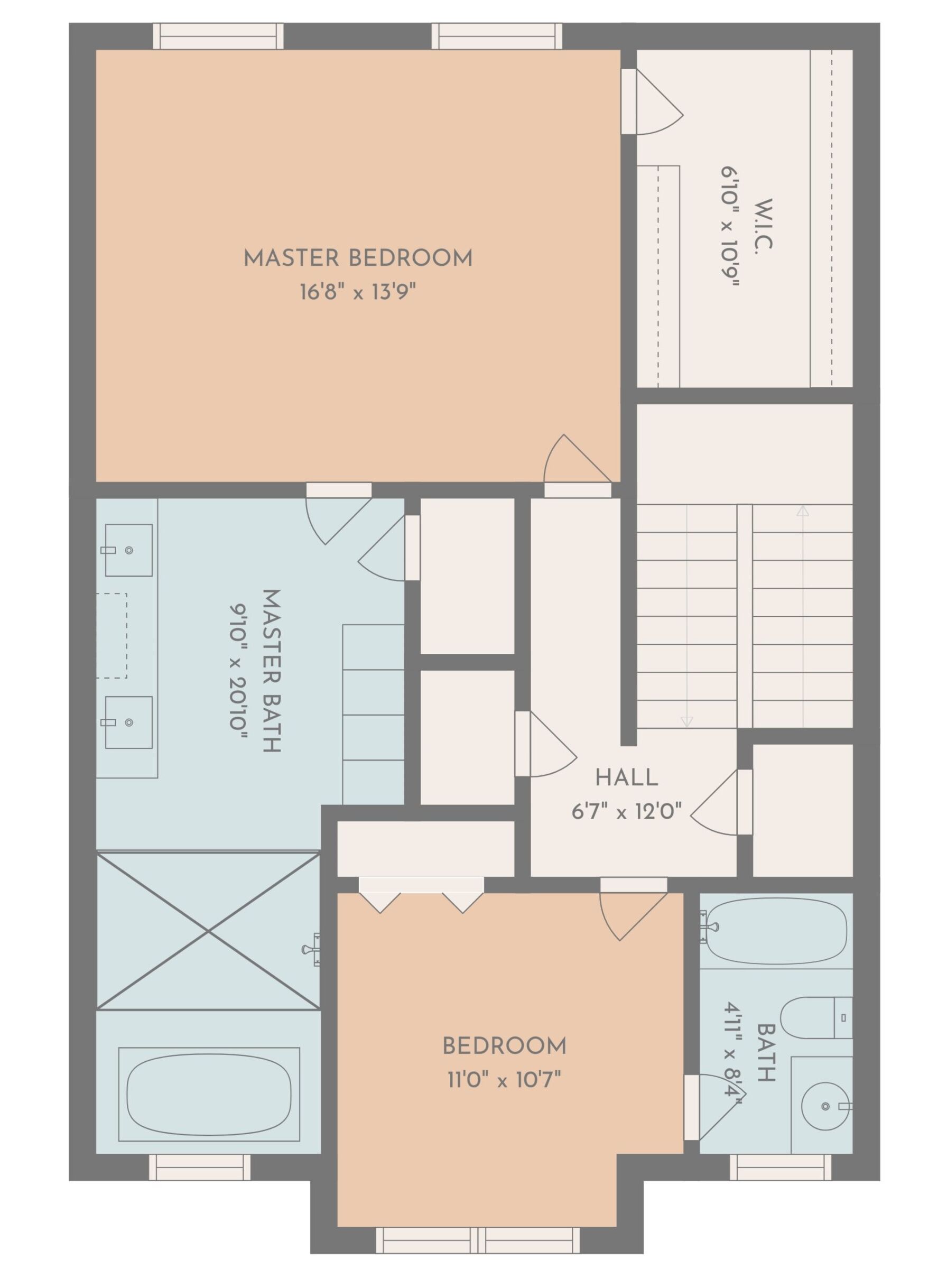 A floor plan of a house with a master bedroom (16'8" x 13'9"), a master bath (9'10" x 20'10"), a hall (6'7" x 12'0"), a bedroom (11'0" x 10'7"), and a bath (4'11" x 8'4").