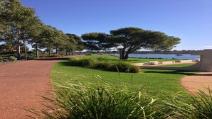 A park with a paved path, grassy areas, trees, and a body of water in the background.