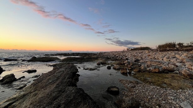 A rocky shoreline with a calm sea, clear sky, and distant horizon.
