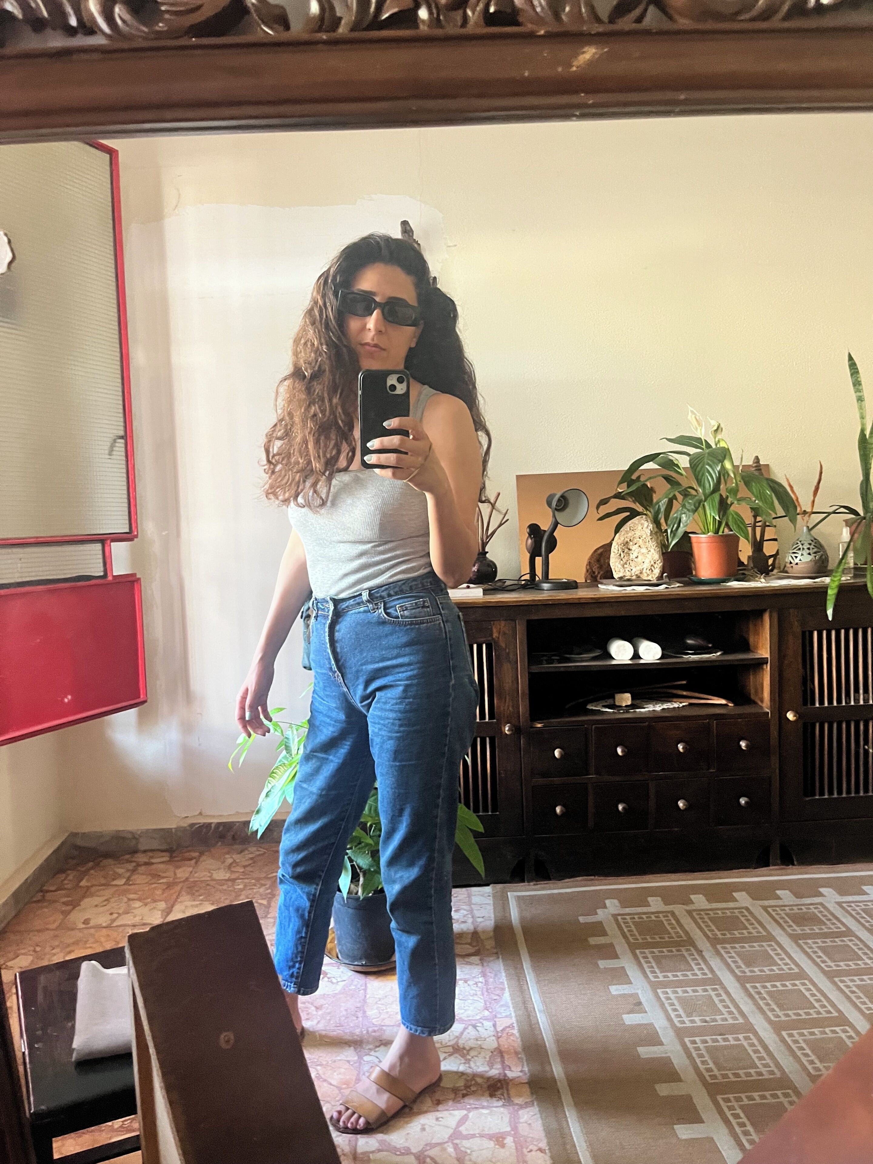 A person taking a selfie in a room with a mirror, a potted plant, and a wooden cabinet.