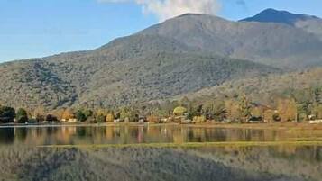 A mountain landscape with a lake reflecting the scenery.