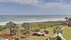 Un área ajardinada con palmeras, un sendero y una playa al fondo.