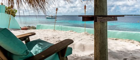 On the beach, sun-loungers, beach towels