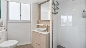Ensemble baignoire-douche, articles de toilette (gratuits)