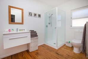 Shower, hair dryer, towels, soap