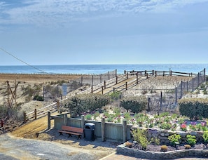 Enjoy the serene beachfront setting with access to the ocean, a bench, and beautiful flowering plants.