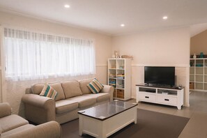 TV, DVD player, video library, stereo