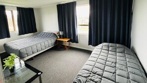 A small, clean room with two single beds, a small table, and a potted plant. - Our house is the perfect holiday home (Raetihi)