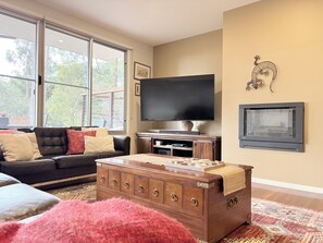 Smart-TV, Kamin, DVD-Player, Bücher