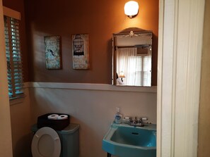 Combined shower/tub, hair dryer, towels, soap