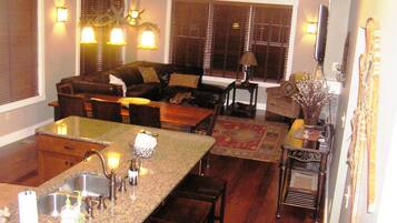 Smart TV, fireplace, video games, DVD player