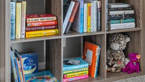 Ein Bücherregal mit Büchern, ein gerahmtes Kunstwerk, ein Topf mit Pflanze, eine Lampe und Stofftiere.